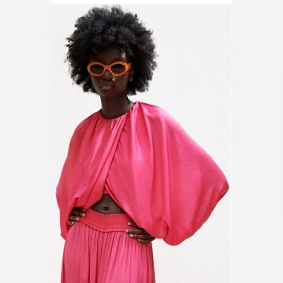 ZARA Bloggers Favorite Balloon Sleeve Crop Top Drapey Crossover Hot Pink Sz XL - Picture 16 of 16